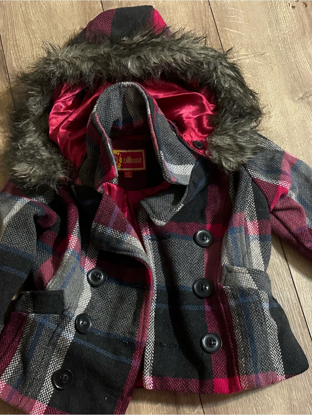 Dollhouse Pink, Gray and Black Plaid Pea Coat with Faux Fur Trim